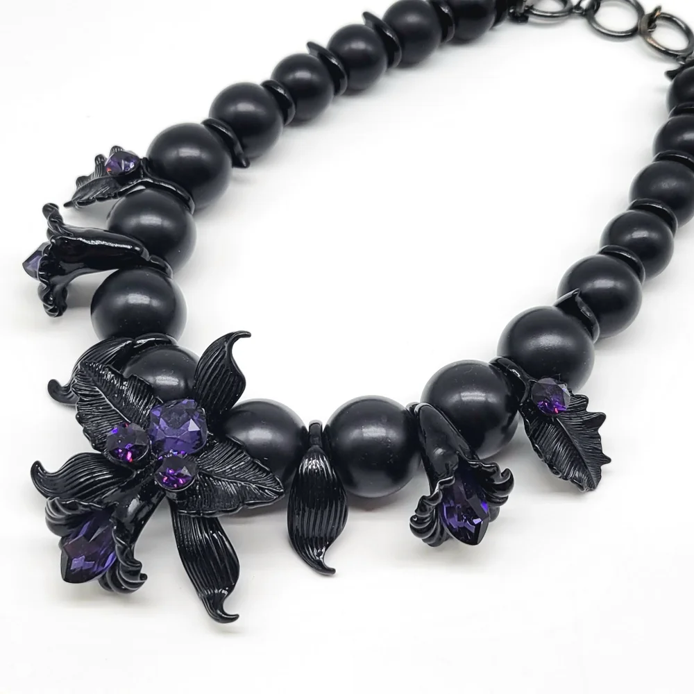 SOLD-Givenchy Amethyst Swarovski Crystal Dark Black Orchid Statement Necklace - Picture 4 of 12